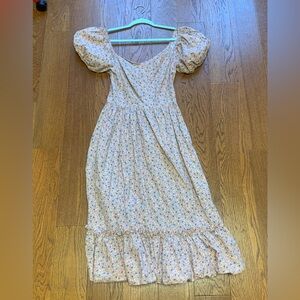 Vintage Light Pink & Blue Floral Midi Dress with Puff Sleeves